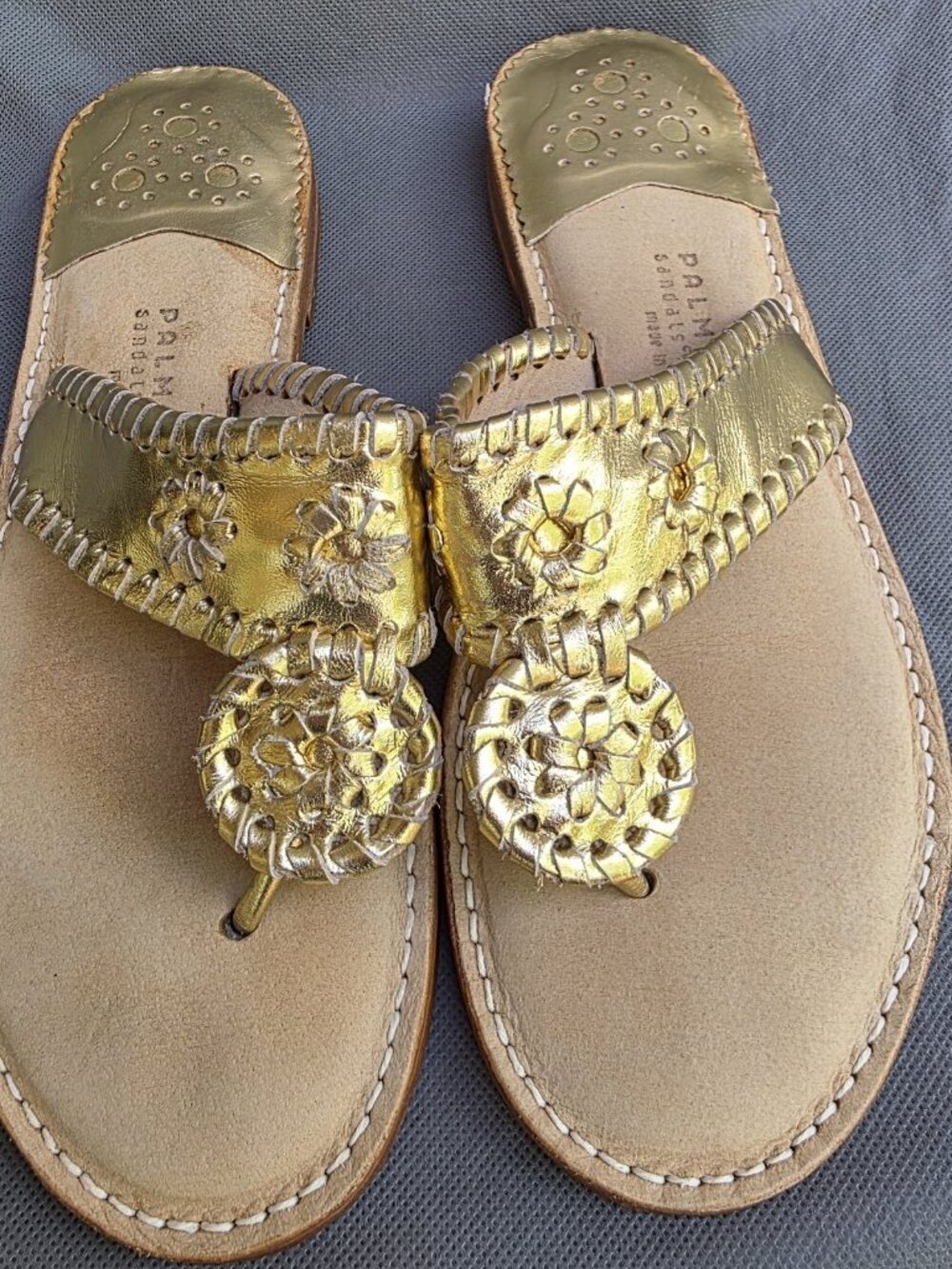 Palm Beach Sandals Gold Metallic Leather Thong Shoes Sandals Womens Size 9